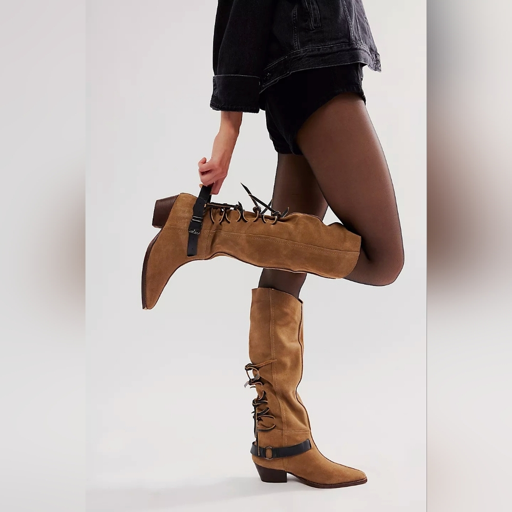 Free People Lace Sway Slouchy Women’s Military Taupe Western Boots Sz 7.5 NEW